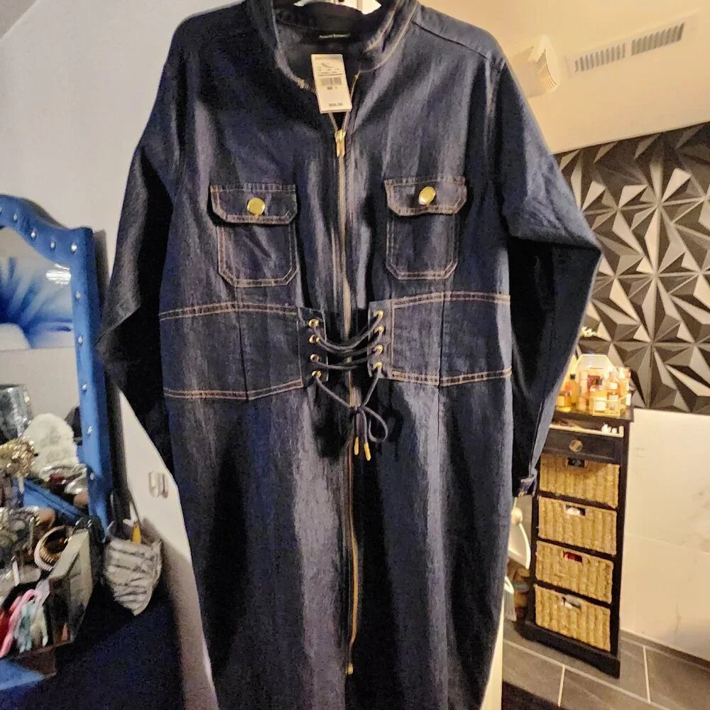 Ashley Stewart Women Chambray Zip Up Long Sleeve Maxi Shirt Dress Size 18 - Picture 1 of 5